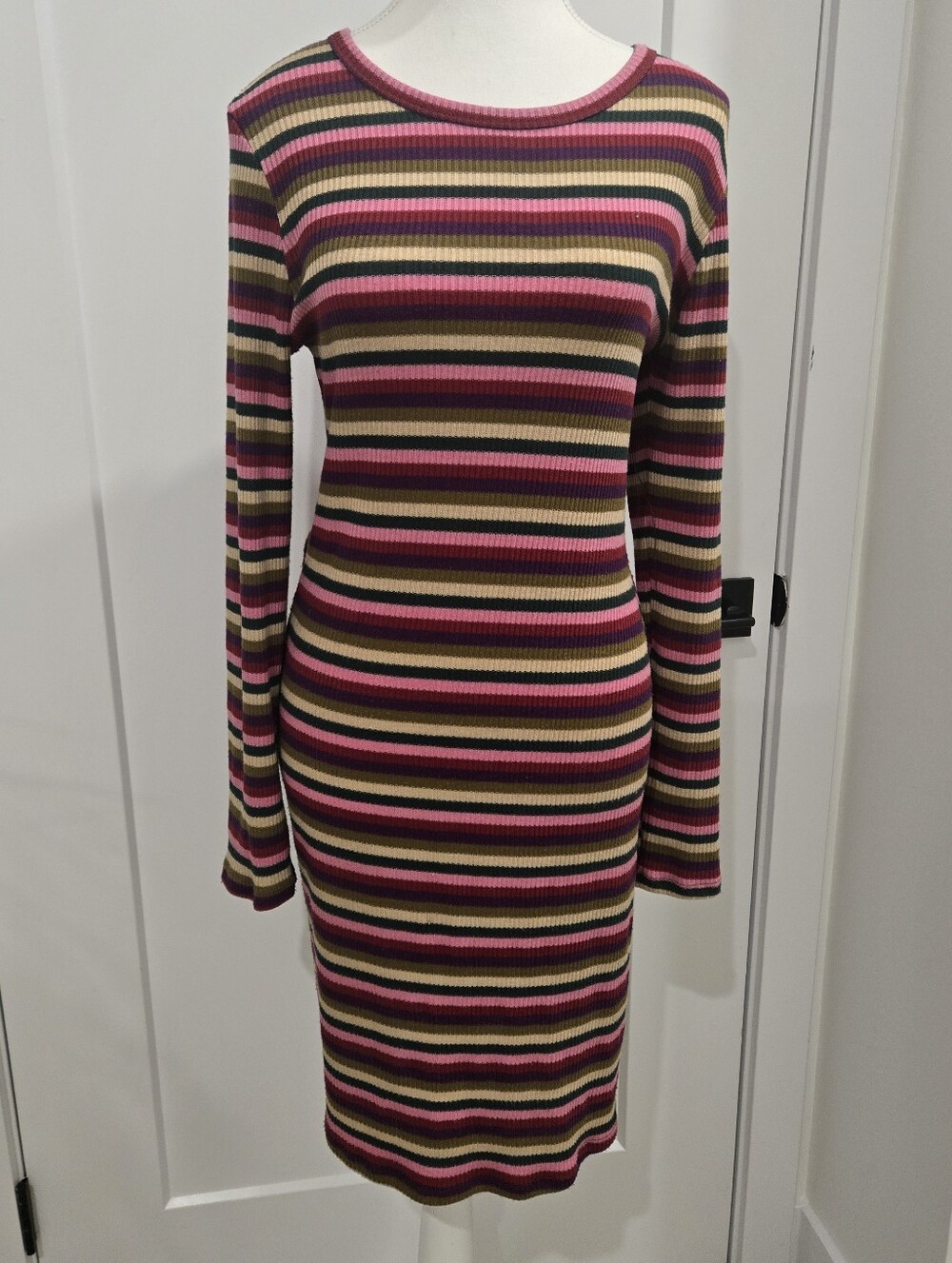 Caution To The Wind Striped Ribbed Long-Sleeve Dress in Pink, Olive & Cream